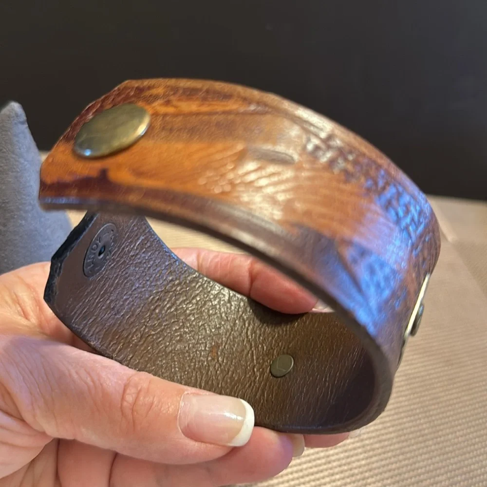 Men’s up-cycled brown tooled leather belt bracelet w/silver tone stamped plate